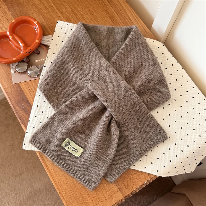 Ladies Solid Knit Cross Front Neck Warmer Scarf With Decorative Cloth Tag Soft Comfortable Casual Outdoor Daily Wrap Scarf