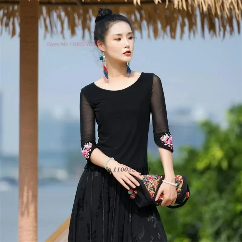

2025 chinese traditional t-shirt improved hanfu tops national flower embroidery mesh shirts oriental retro o-neck base shirt
