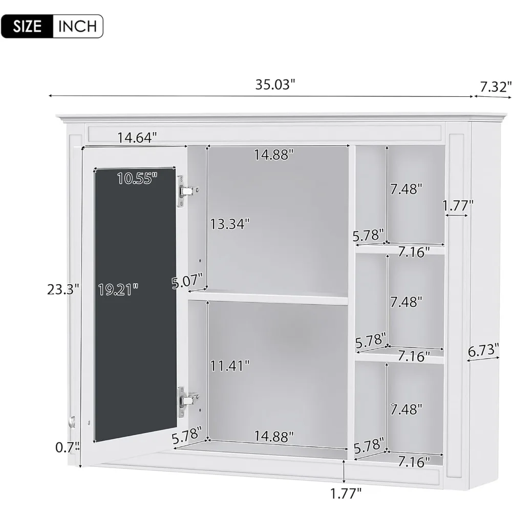 ミラー付きのmerax-バスルームの食器棚、1つのドアと棚に取り付けられた壁、35 "x 27.5"