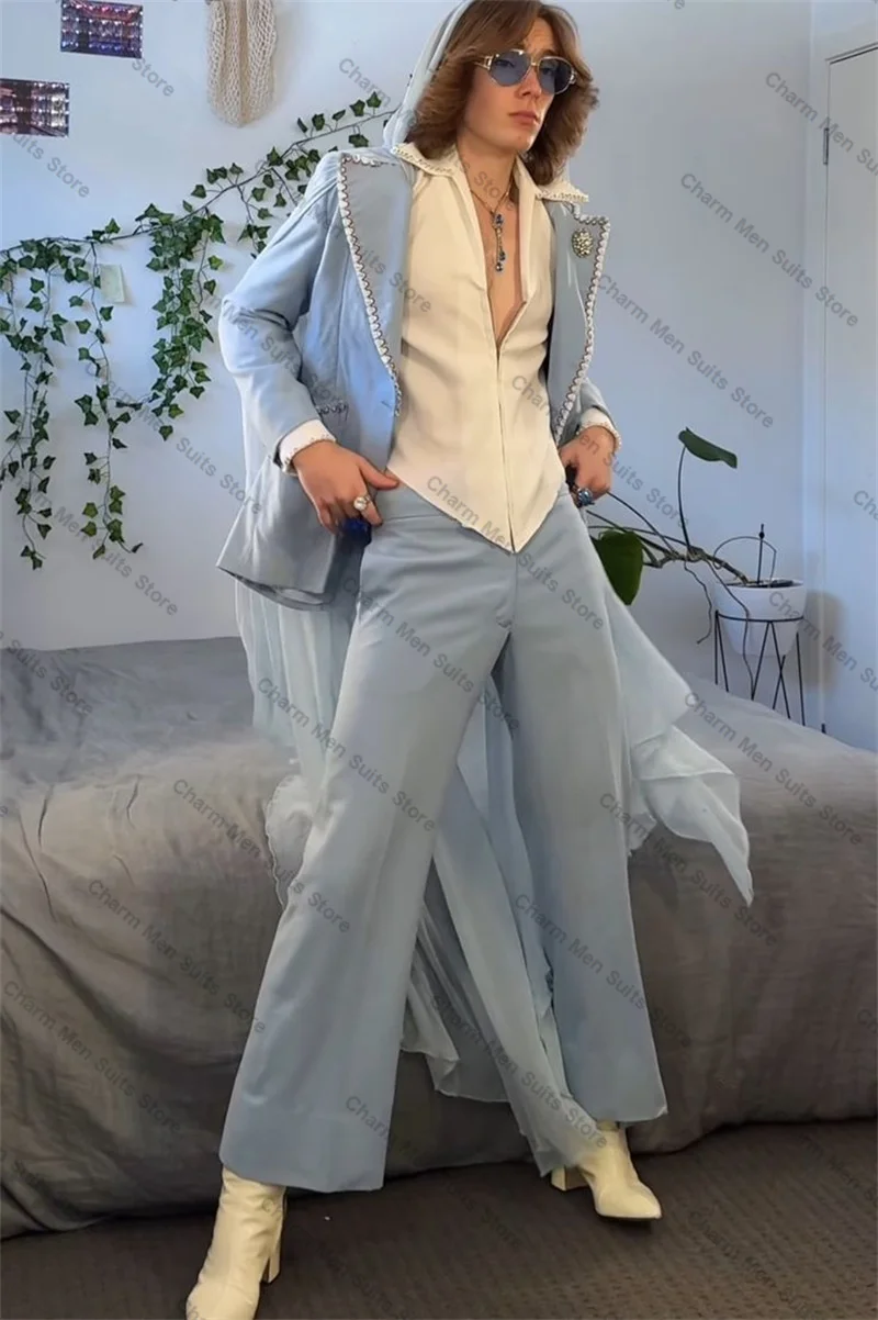 

Crystals Blue Wrap Men Suits Set 2 Piece Blazer+Pant Trouser Cotton Customized Groom Wedding Tuxedo Formal Office Prom Jacket