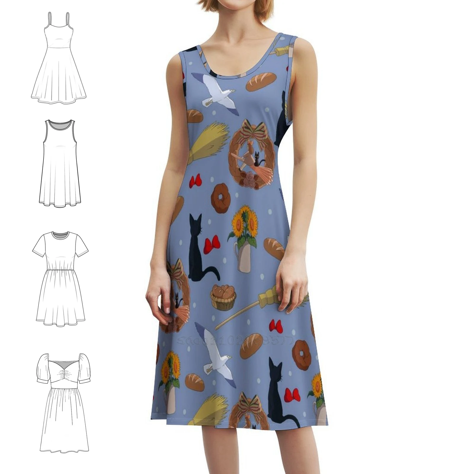 

Тематическое мини-платье в консервативном стиле для женщин, свободное платье трапециевидной формы, повседневное дневное платье, студия, хлеб, аниме, платье с едой