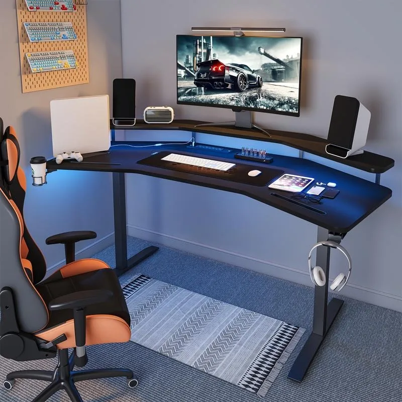 Gaming Desk with LED Lights & Power Outlets, 63" Wing-Shaped Computer Desk, Studio Desk with Monitor Stand, RGB Mouse Pad, Headp