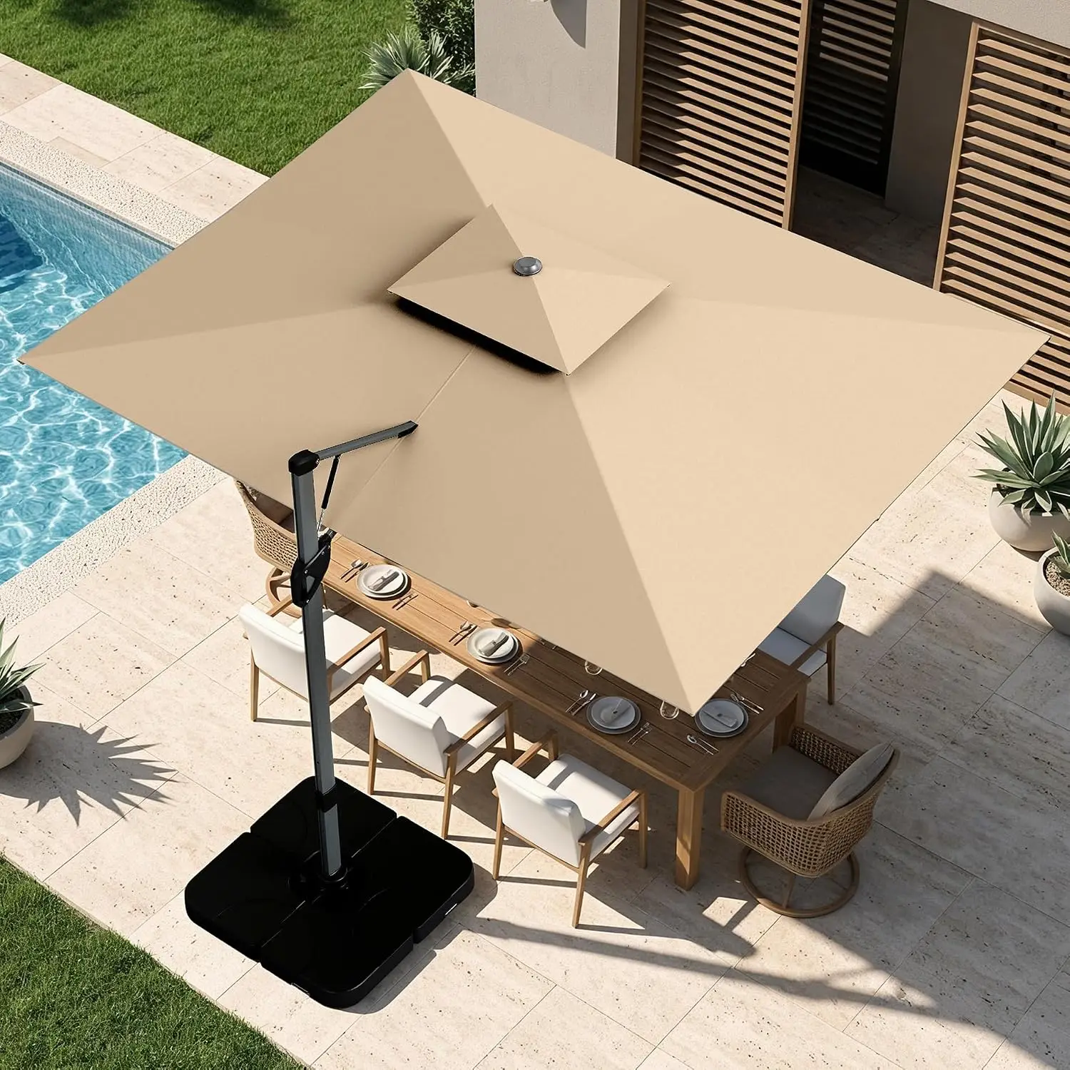 9'x12' Hydraulic Cantilever Outdoor Patio Umbrella w/Base,Beige, Customized