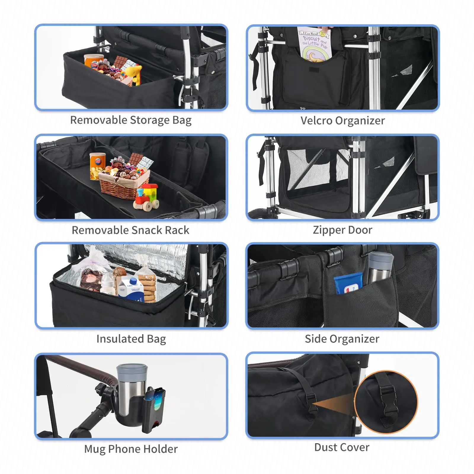 Carrito plegable de doble barra de empuje para 4 niños, carrito con 4 asientos altos, arneses de 5 puntos y dosel ajustable