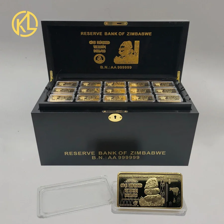 Free Fast Shipping 270pcs Gold plated 100 Trillion Dollars Zimbabwe Metal Bar With Nice Box and Certificates for collection