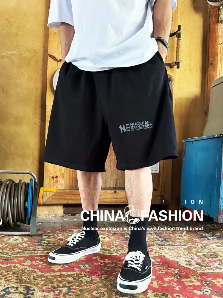 

Loose Wide Leg Black West Coast Chicano Full Cotton Elastic Waist Large Size Knitted Six-Part Casual Shorts Breathable Comfor...
