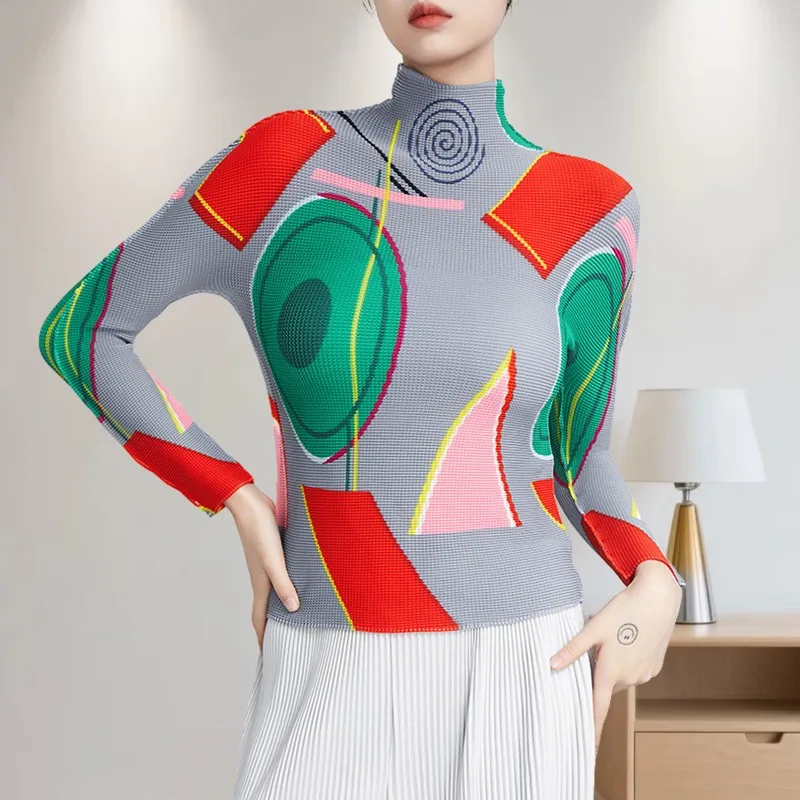 

Miyake осенний плиссированный топ с круглым вырезом, Новое поступление 2025 года, модная утягивающая эластичная футболка с цветным принтом для женщин без морщин