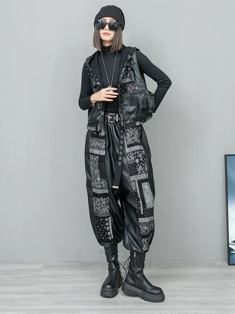 Spring Autumn Cool Printed Denim Patchwork Leather Hooded Sleeveless Short Vest + Harem Pants Two-piece Set Women LX754F1