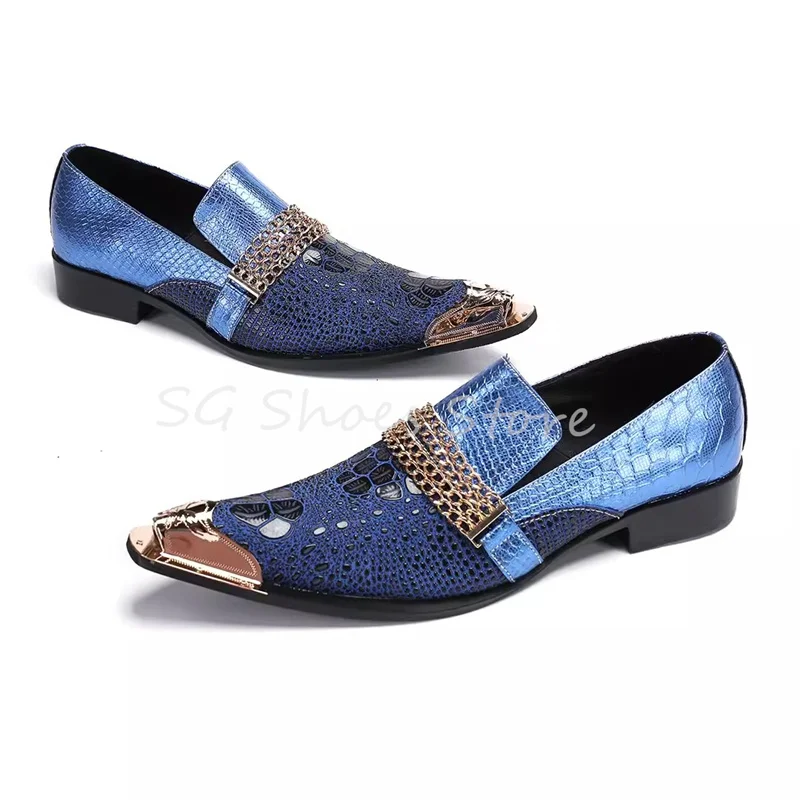 

Handmade Genuine Leather Splicing Metal Pointed Toe Loafers for Men Chain Decor Mixed Color Shallow Derby Shoes Male Oxfords