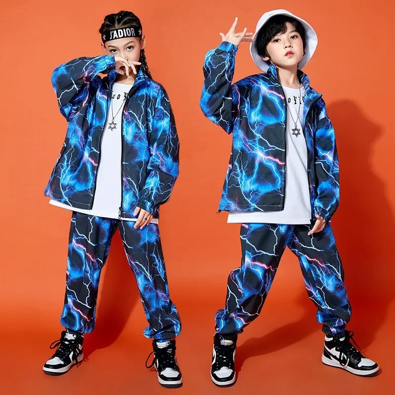 

Kid Hip Hop Clothing Blue Lightning Windbreaker Zip Up Jacket Casual Jogger Pants for Girl Boy Jazz Dance Costume Clothes Set