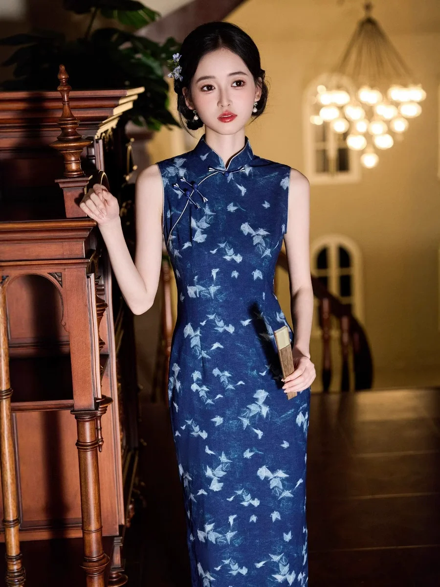 

2025 Summer New Cheongsam Sky Blue Sleeveless Cheongsam New Chinese Style National Style Dress