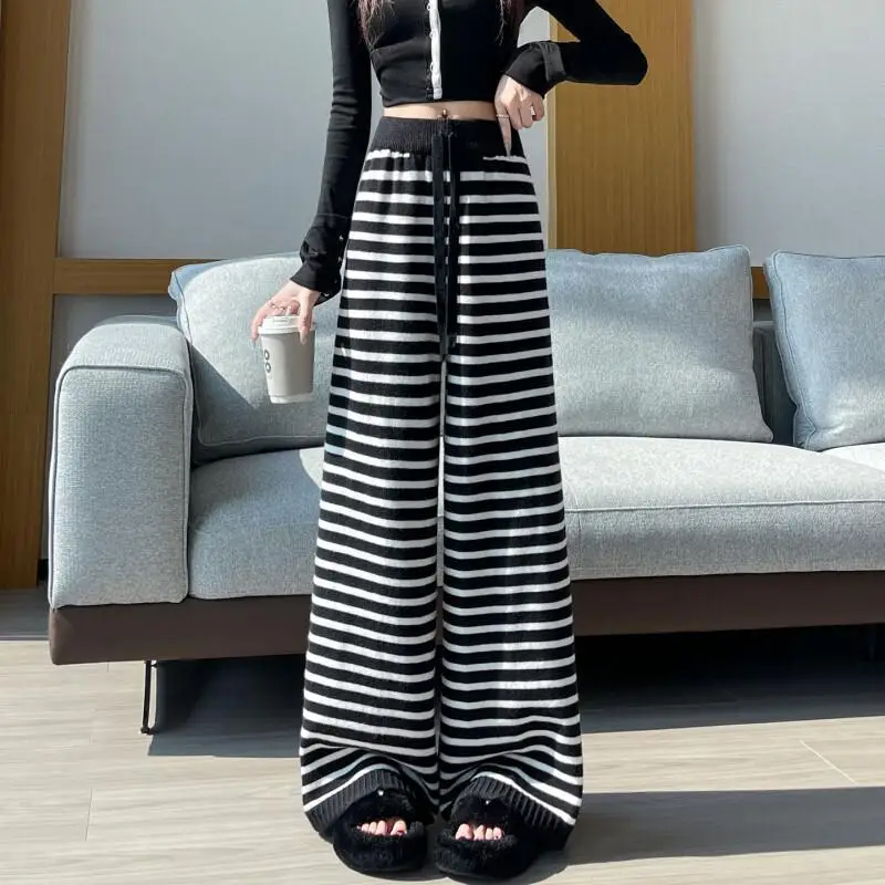 Frauen Herbst Und Winter Faul Streifen Fleece Breite Bein Hosen Frauen verdickt Elastische Taille Kordelzug Hohe Taille Schlank Gerade