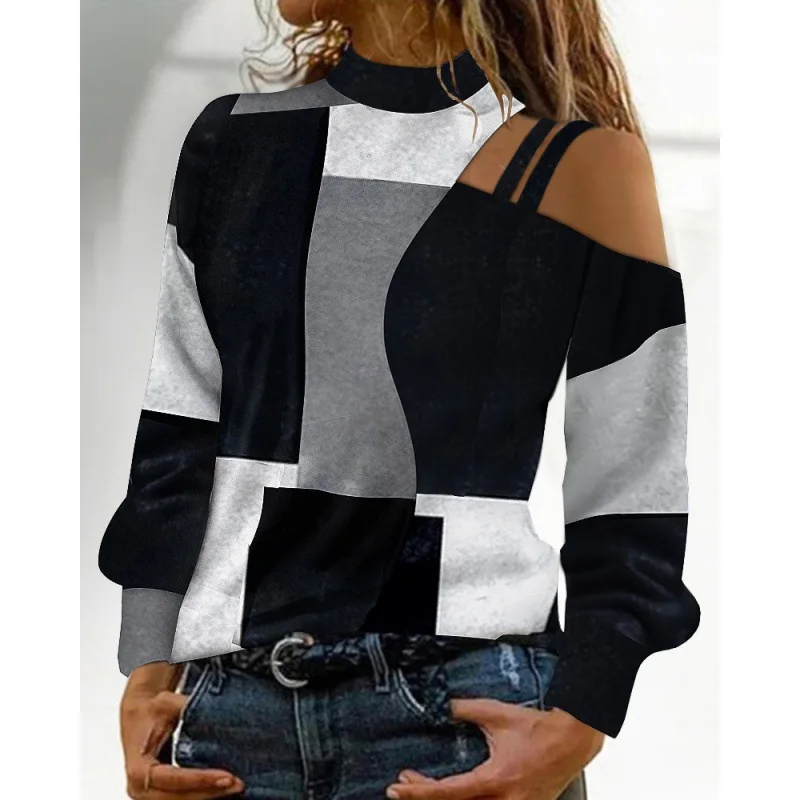 T-Shirt Damen 2026 Mode Herbst Frühling Schulterfreies Geometrisches Farbblock-Muster Langarm-Oberteil Damenkleidung