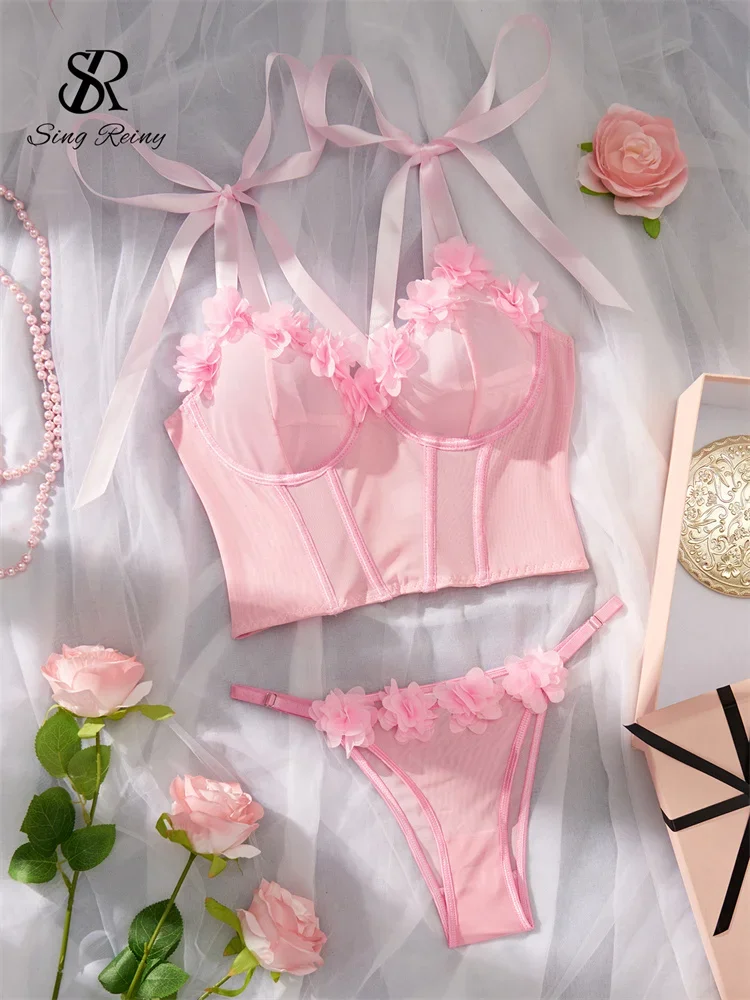 SINGREINY 3D Floral Mesh Sexy Lingerie Suits Bow Strap Slim Corset+Mini Briefs Ladies American Sheer Underwear Two Pieces Sets