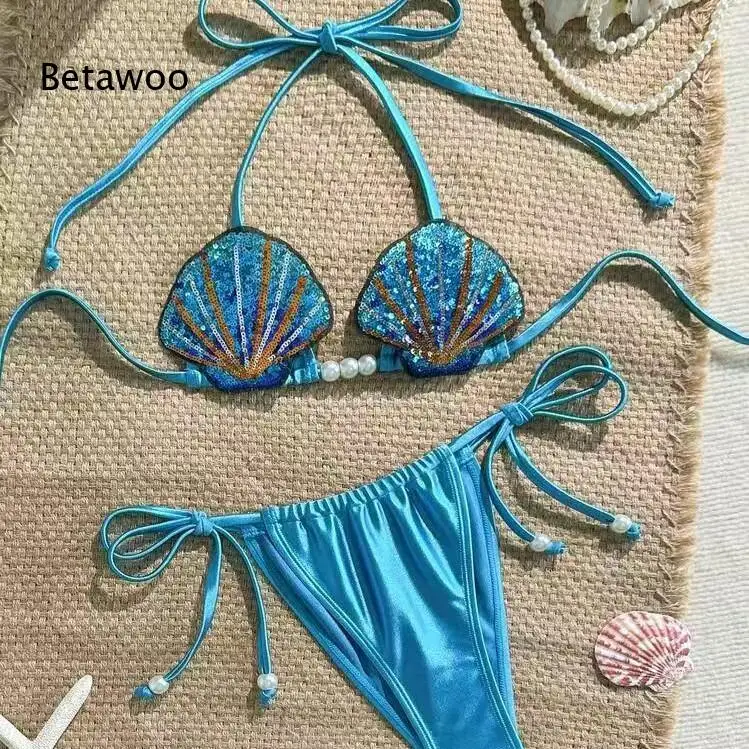 Betawoo Women's Seashell Embroidered Halter Bikini Set, Mermaid Style Two-Piece Swimsuit