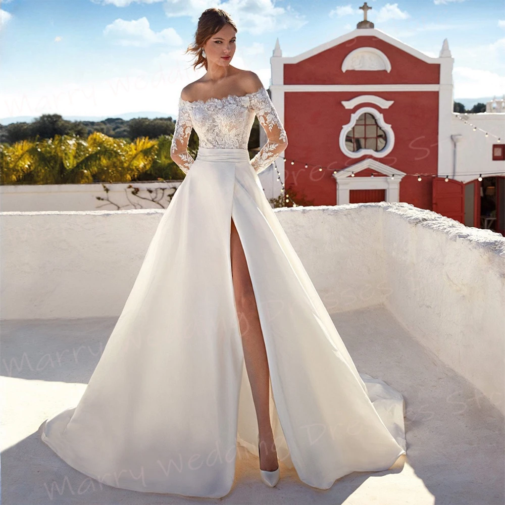 Eleganti abiti da sposa da donna A Line affascinanti Appliques abiti da sposa in pizzo Sexy abiti A maniche lunghe con spacco laterale alto