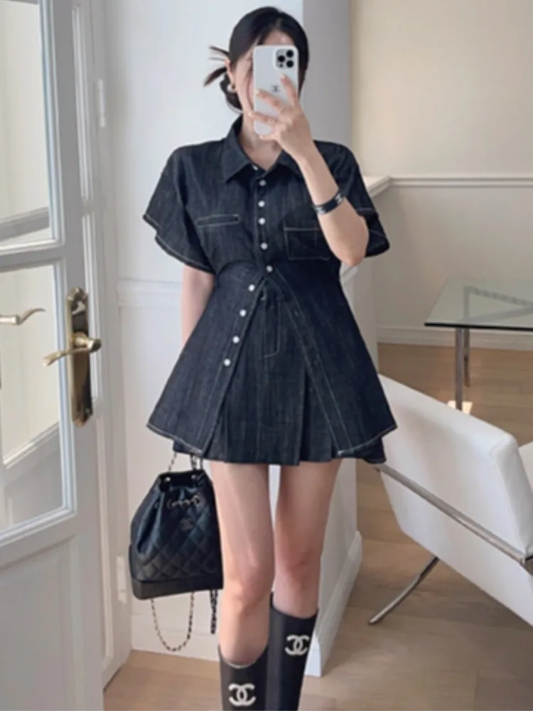 Chic Summer Vintage Versatile Mid-Length ort-Sve Denim irt High Waist Pleated Skirt Two-Piece Set Women's Faion