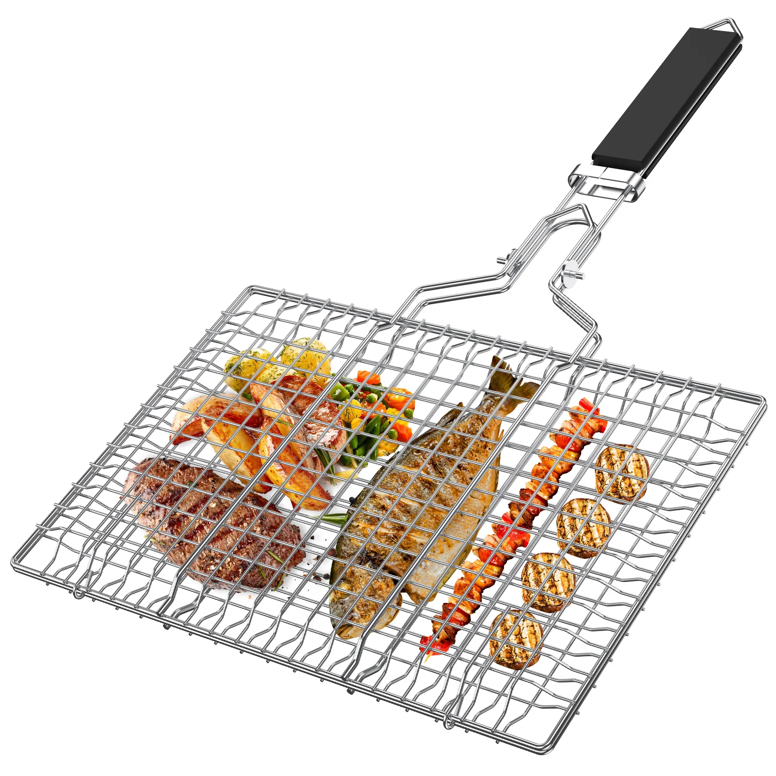 Stainless Steel Grill Basket with Easy Open/Close Lid Portable BBQ Grill Basket with Foldable Handle Large Capacity Grilling