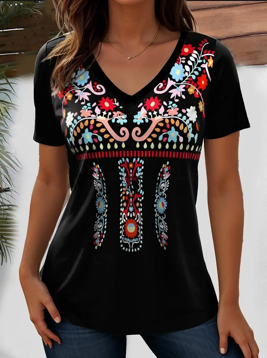 Elegant Ethnic Print Casual T Shirt V Neck Short Sleeve Tee For Women Summer Holiday Travel And Vacation Wear