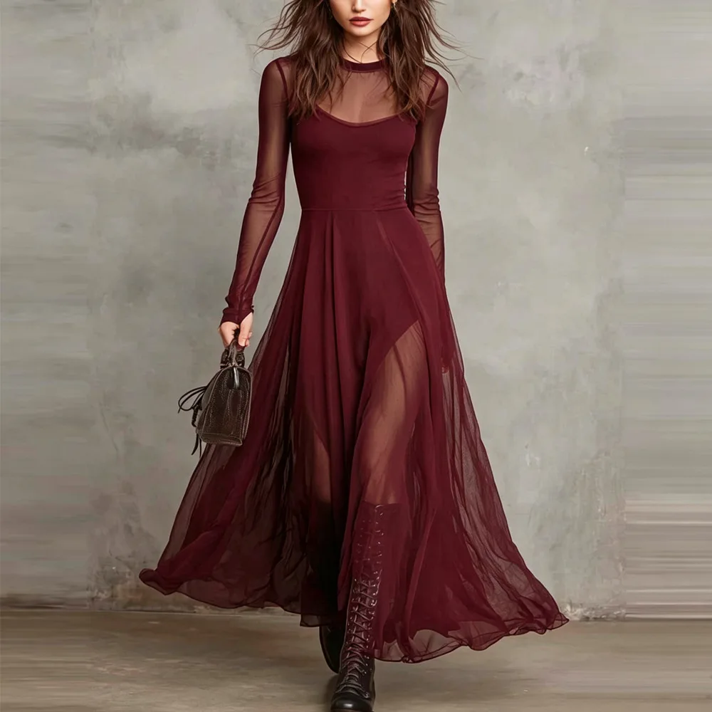 Damen-Maxikleid mit langen Ärmeln aus Netzstoff, durchsichtig, A-Linie, fließend, Gothic, elegant, für Abendpartys, schmal geschnitten, schwarzes langes Kleid – Detail 4