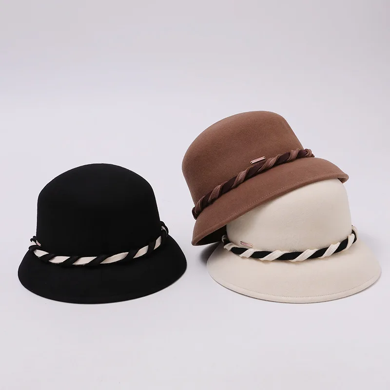 Women Wool Felt Bucket Hat Japanese Elegant Cloche Basin Cap Vintage Contrast Ribbon Foldable Winter Fedora Church Dress Hat