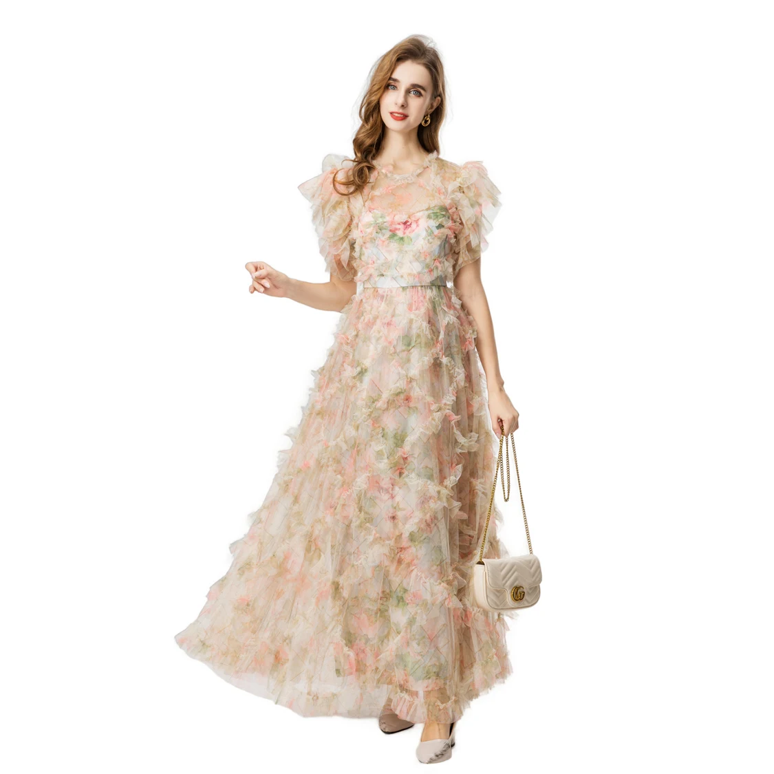 Vestido maxi de tule com estampa floral, blush macio e requintado, mangas curtas com babados e saia multi em camadas para ocasiões especiais