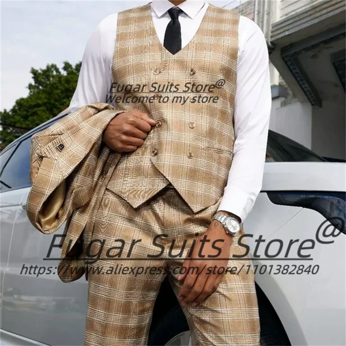 Italian style Classic Plaid Men Suits Customized Slim Peak Lapel Groom Wedding Tuxedos 3 Pcs Sets Male Prom Blazers Ropa Hombre