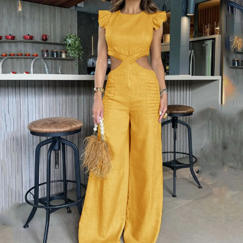 Elegant Solid Hollow Waisted Party Overall Casual Lady Long Combination Office Fashion Flying Sleeve Crew Neck Women's Jumpsuit