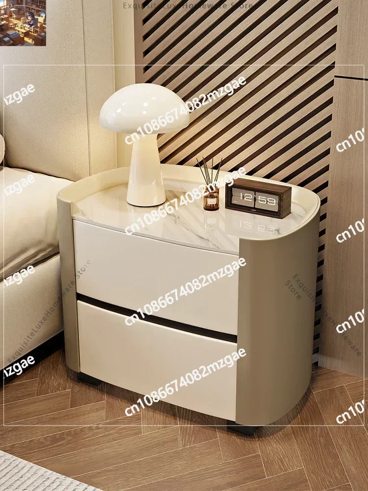 Leather contrast color Italian style light luxury solid wood rock slab high-end bedroom bedside table, simple storage cabinet