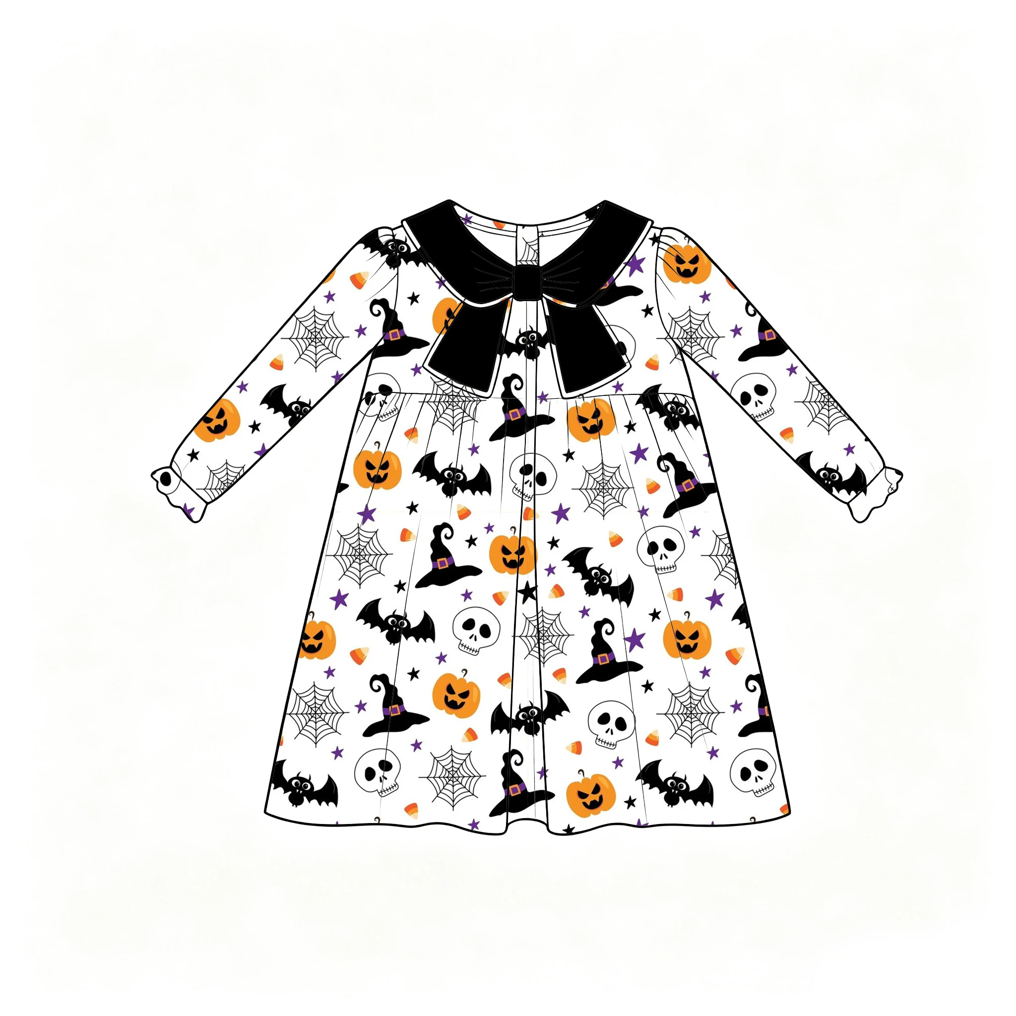 Boutique New Neckline Design Girls' Dress Lapel Long-sleeved Ruffles Halloween Ghosts Bicycles Pumpkins Print Wholesale