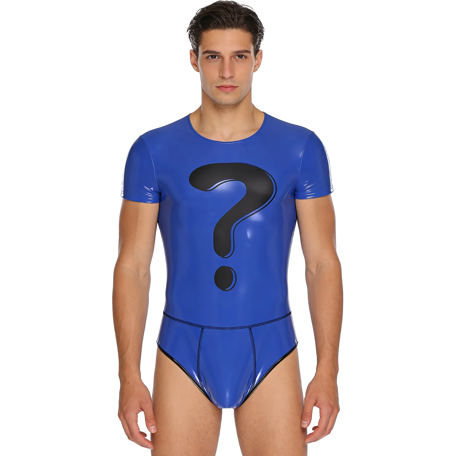 

Men Fashion PU Leather Wet Look Bodysuit Stylish Question Mark Bodycon High Cut Jumpsuit for Sport Workout Swimsuit Bathing Suit