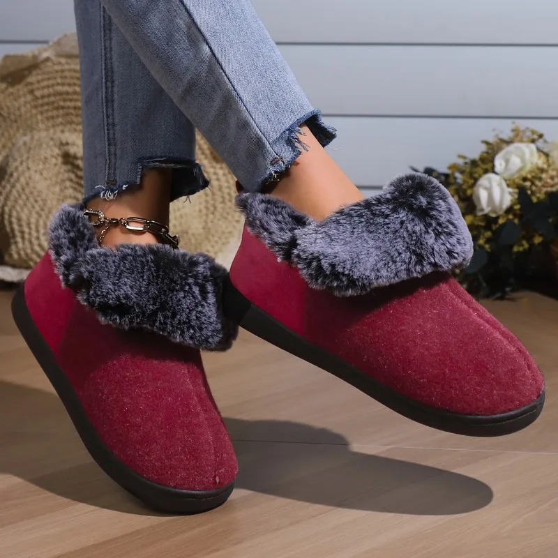 Mocassins en fourrure chauds à enfiler pour femmes, chaussures décontractées pour la maison, chaussures plates rembourrées confortables, chaussures en peluche pour femmes, hiver