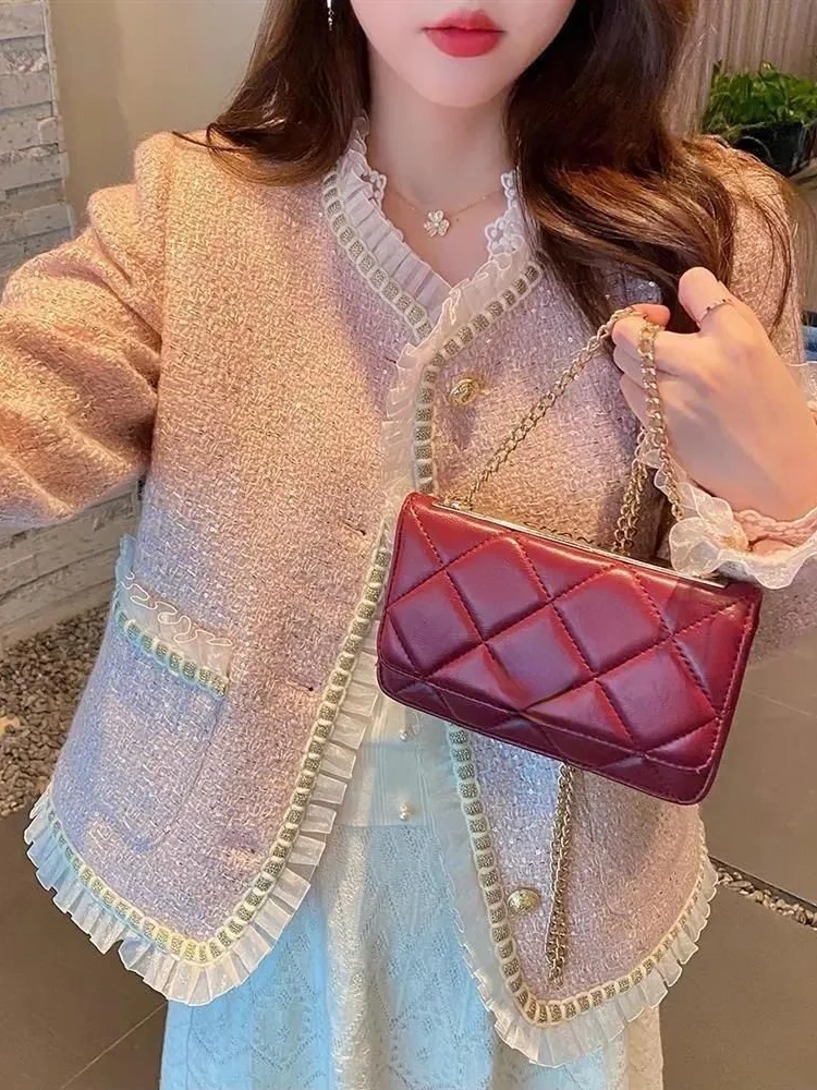 Elegant O-neck Female Single-breasted Coats Long Sleeve Loose Women Pockets Tweed Jacket Autumn Mesh Patchwork Ladies Outwear