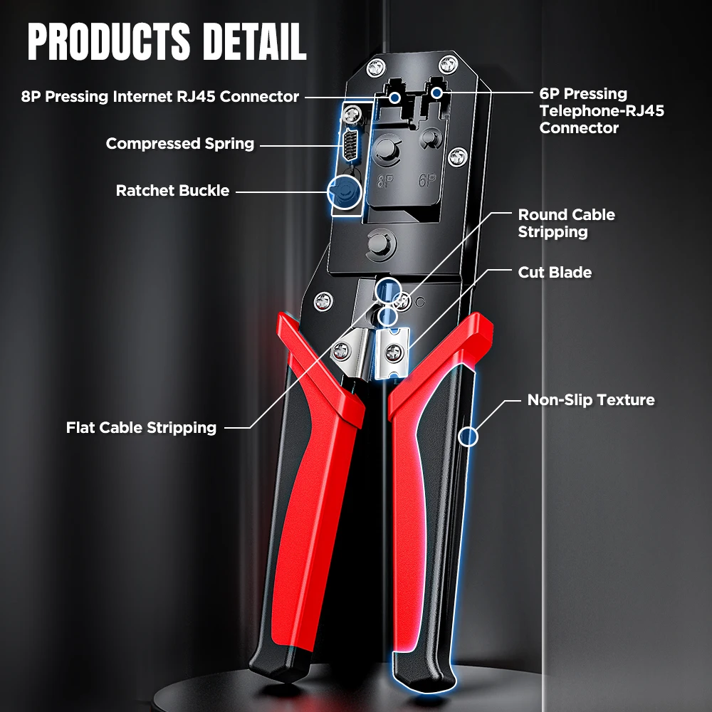 AMPCOM RJ45 Crimping Tool Ethernet Network LAN Cable Crimper Cutter Stripper Plier 8P RJ45 6P RJ12 RJ11 for Modular Connector