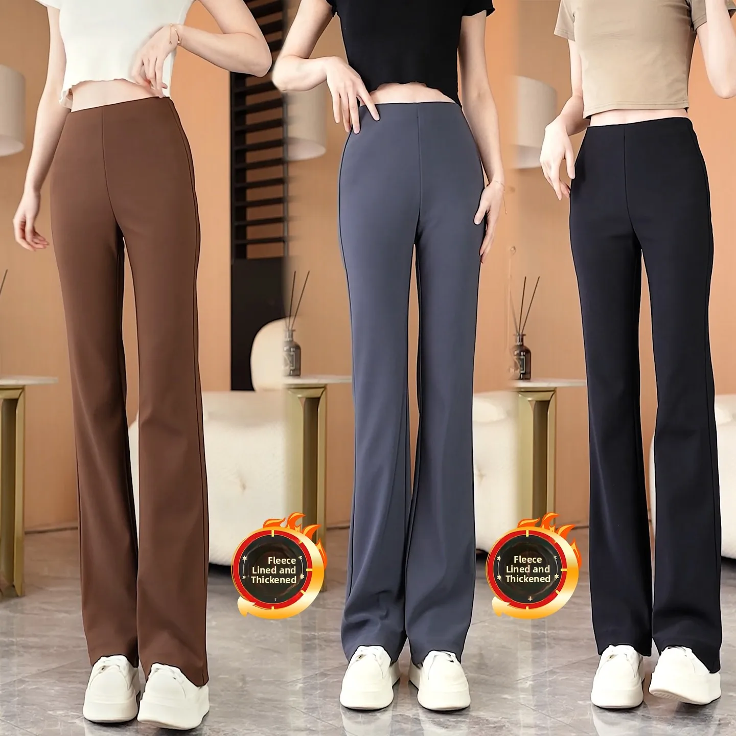 High Waist Thiened Warm arkskin Yoga Pants Fce Lined Bell Bot Casual Straight Leg Pants for Women