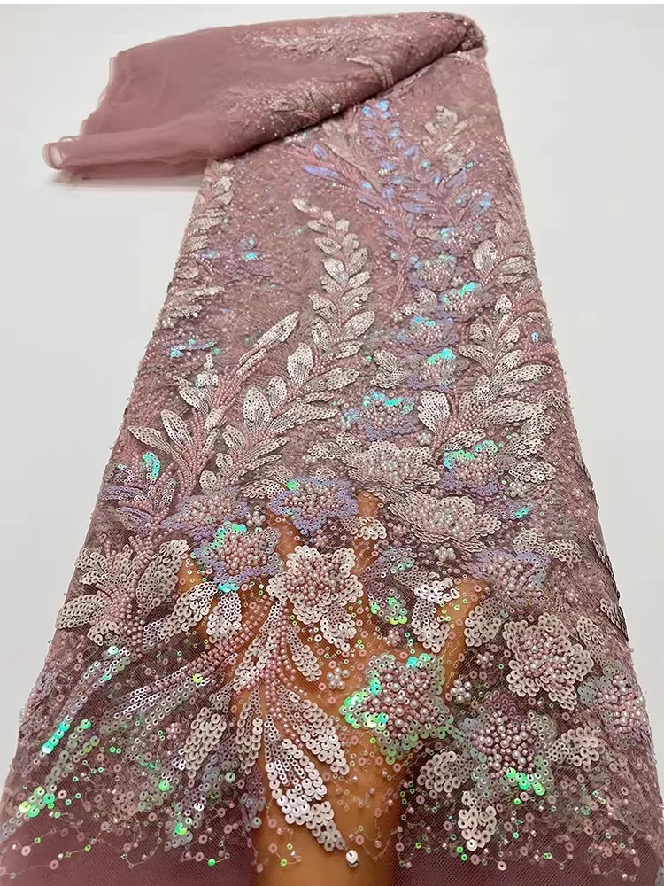 

2yard Nail bead sequin flower embroidery fabrics for clothing New mesh tissu Evening gown dress fabric