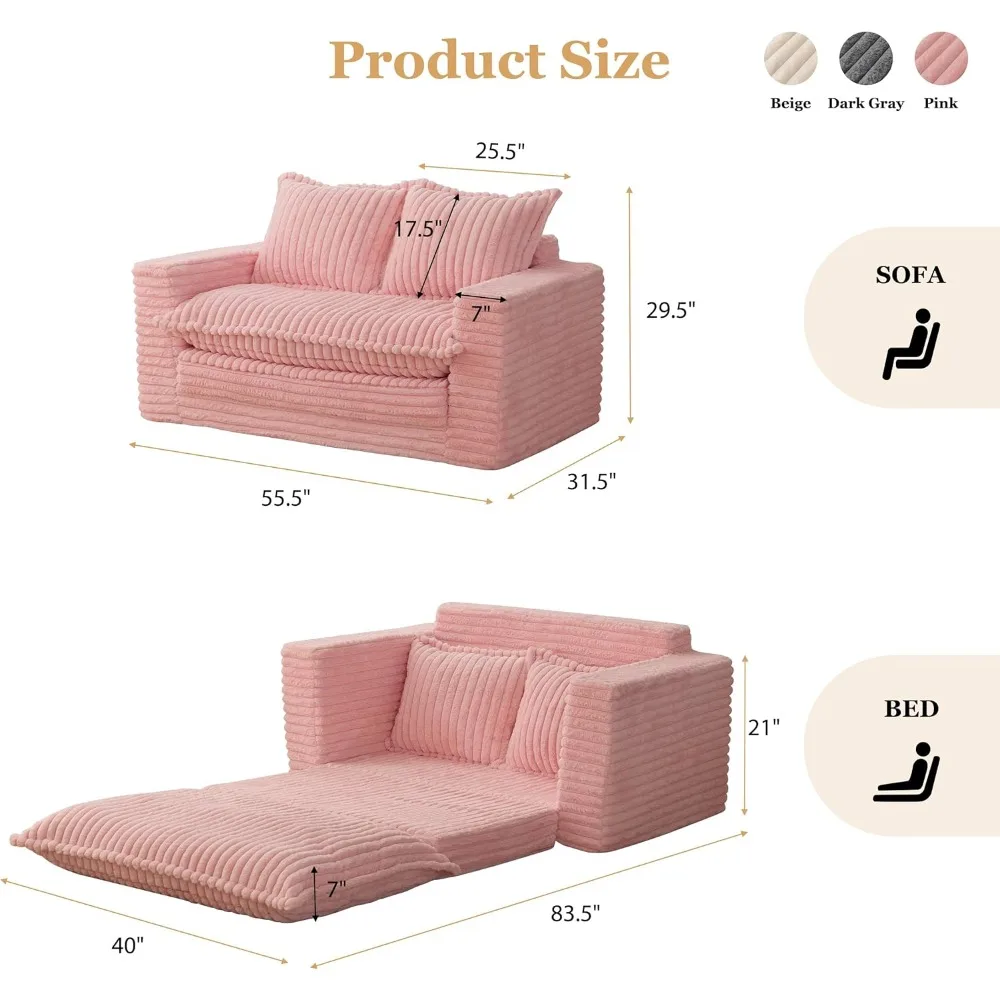 أريكة سرير قابلة للتحويل 3 في 1 لغرفة المعيشة: مقعد نوم مع وسائد قابلة للغسل