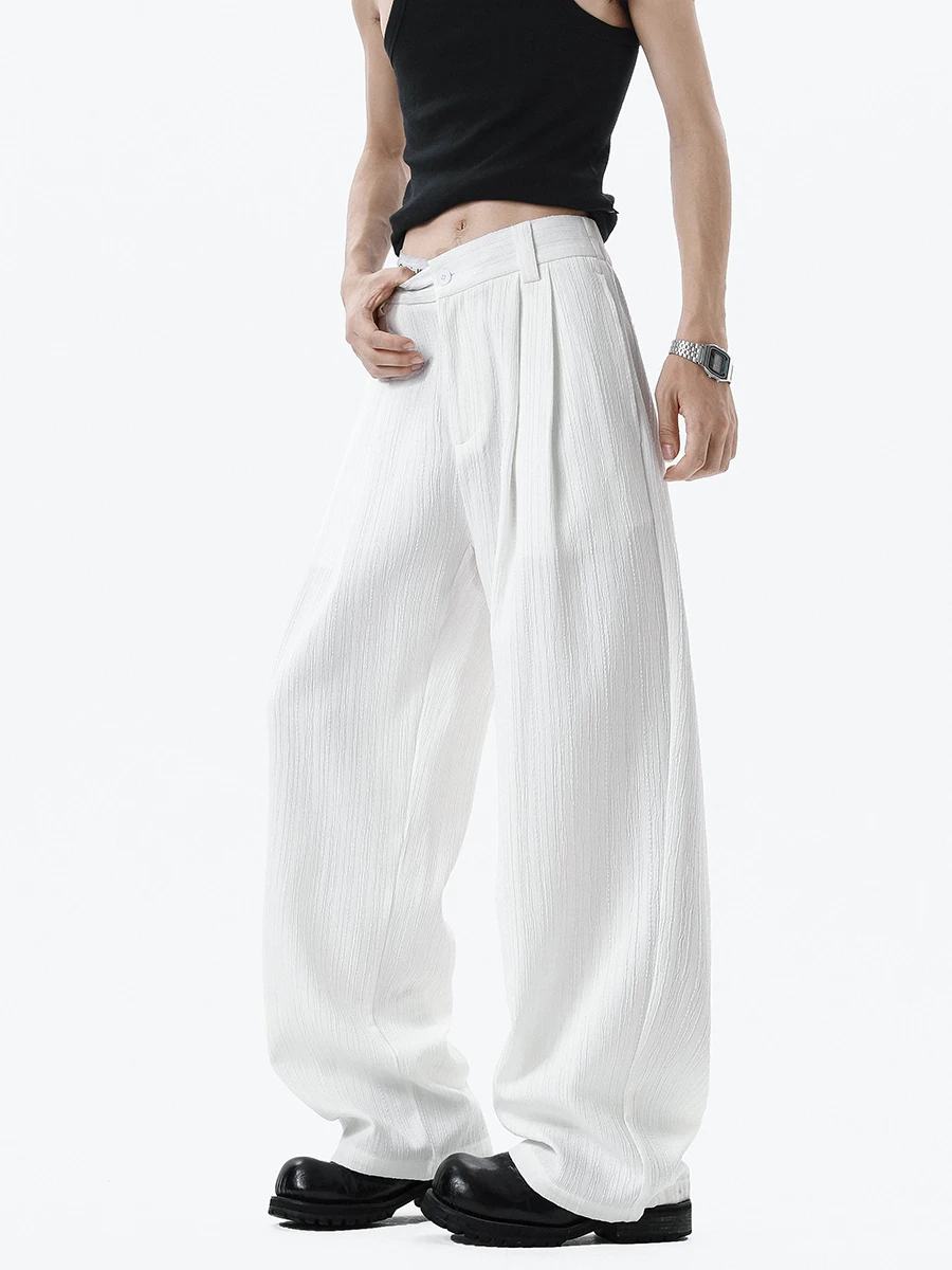 

White High Waist Ice Silk Men's Summer Thin Wide Leg Suit Pants Drapey Cleanfit High-End Straight Leg Casual Trousers