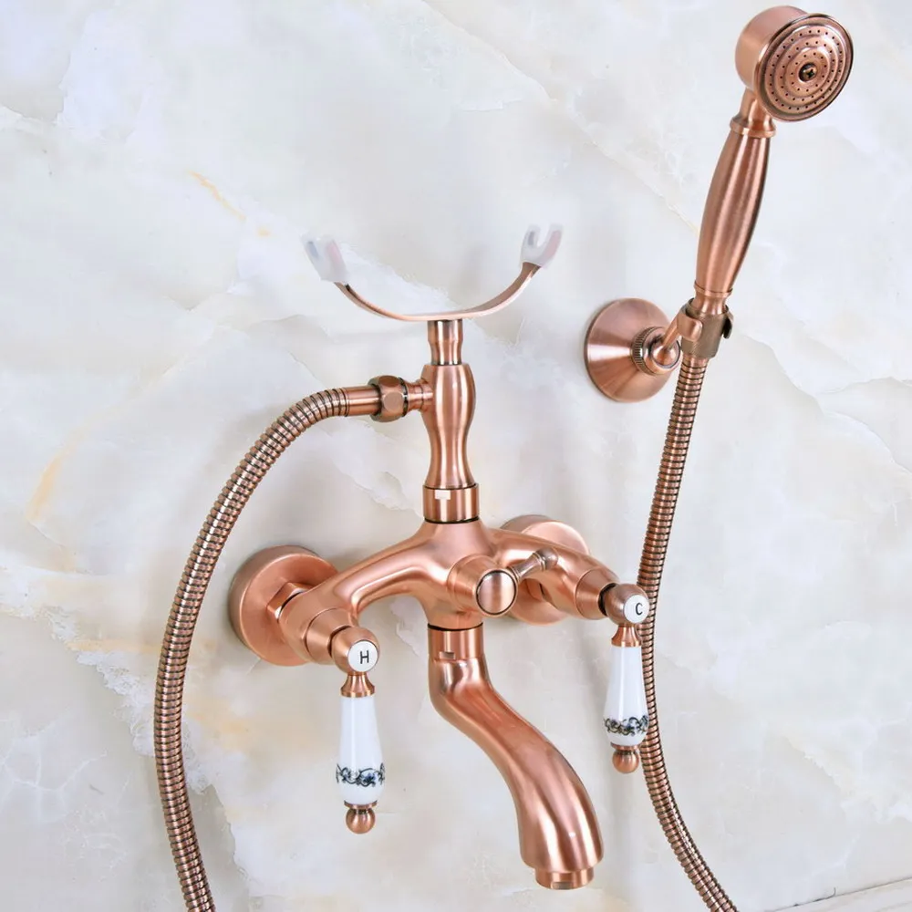 Antique Red Copper Bathroom Clawfoot Bathtub Faucet With Brass Handheld Shower Head Cold Hot Water faucet Mixer Tap Bna365