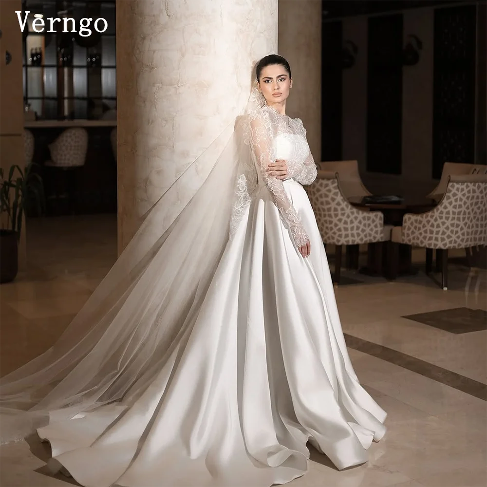 

Verngo Elegant lvory Satin Bride Dresses High Neck Full Sleeves Lace Wedding Gowns Women Sweap Train Bridal Gowns Customized