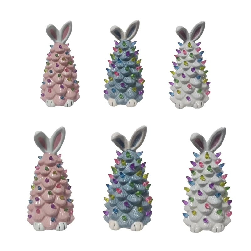 

H7EA Easter Rabbit Ornaments, Rabbit Tree Figurines Led Glowing White Pottery Crafts Easter Party Decorations for Kids Adults