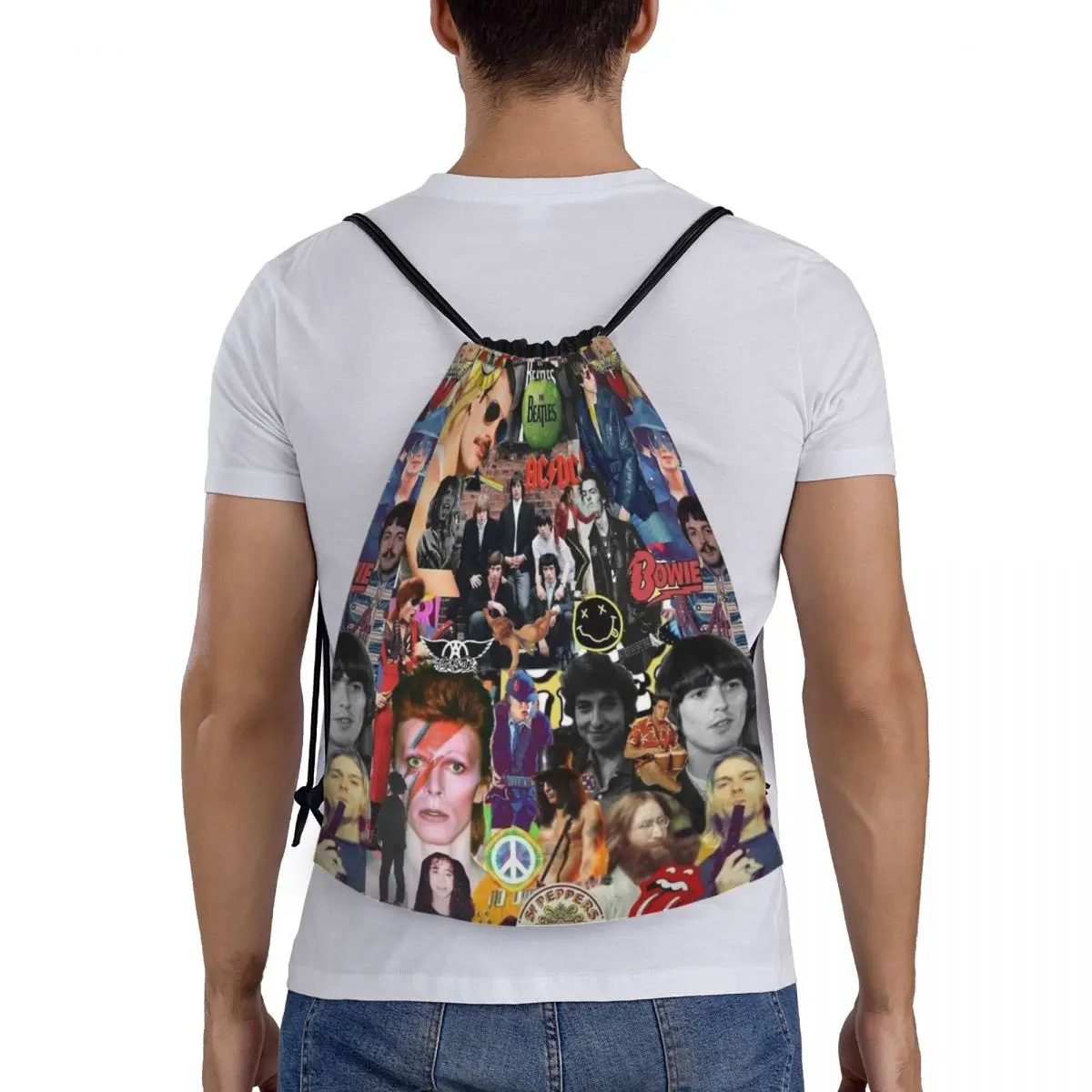 1990s Retro Rock Band Poster Drawstring Bags Sports Backpack Gym Sackpack Vintage Rock Roll String Bag for Exercise