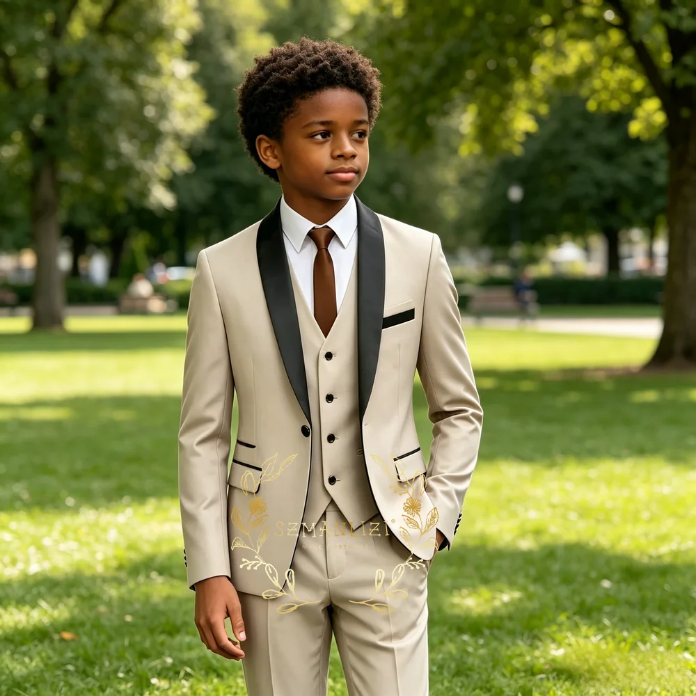 Formal Beige Boys' Suit Set for 2-16 Years Kids 3 Pieces Wedding Tuxedo Suit Teenager Evening Party Child Suit Blazer Vest Pants