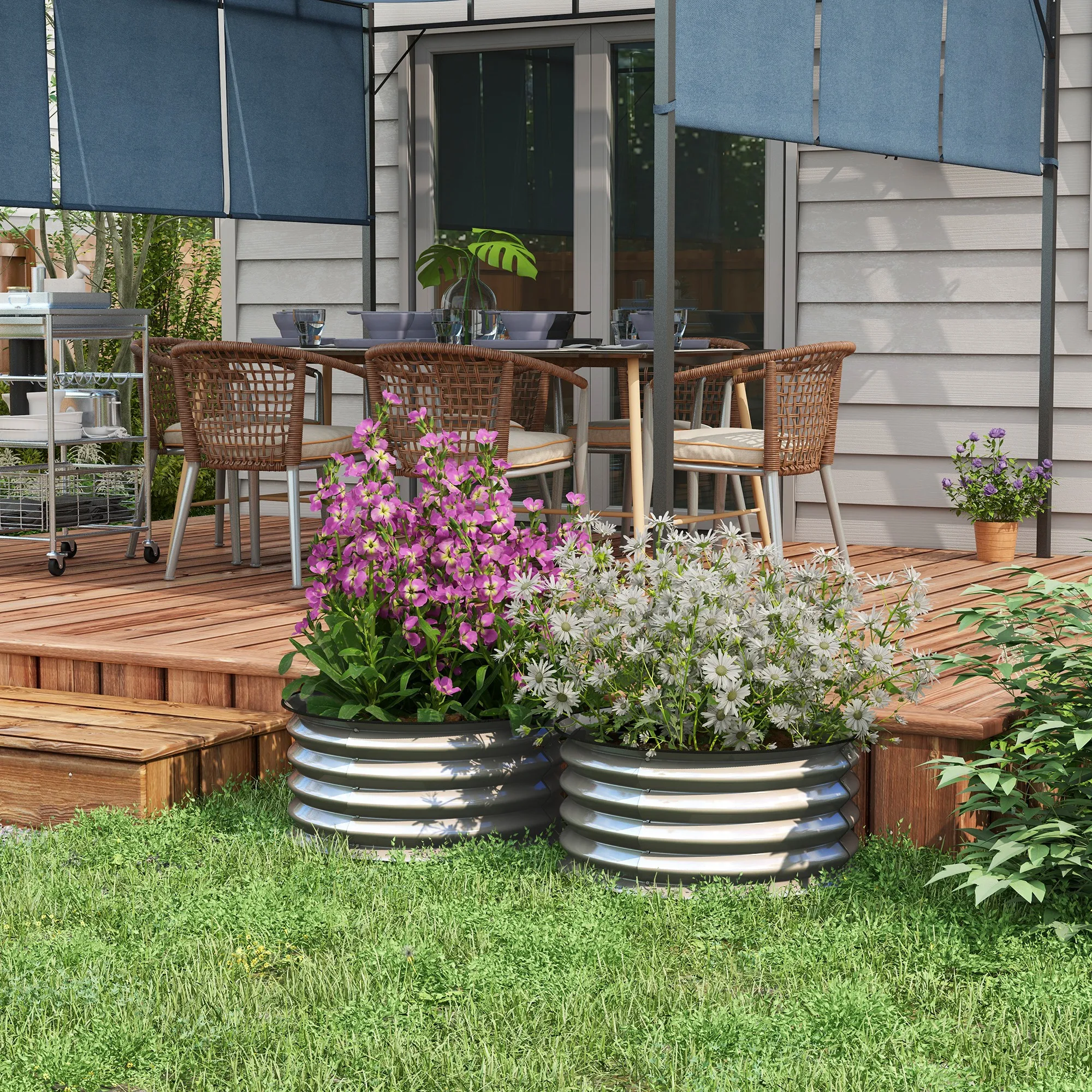 2er-Pack Metall-Hochbeet, 60x60x30 cm Silber, Modulares Pflanzgefäß mit Offenem Boden für Blumen, Kräuter & Gemüse, mit Schutzgummikante