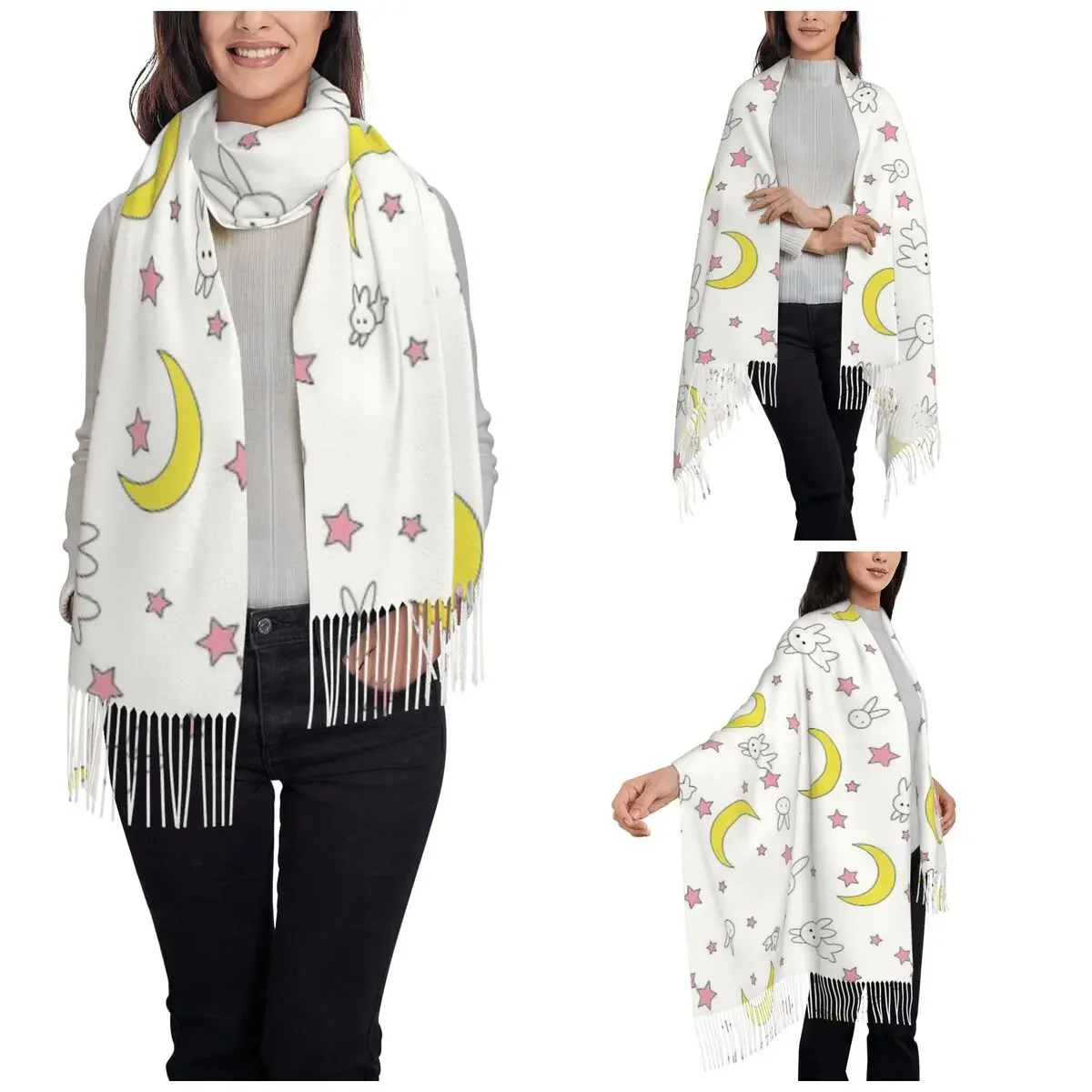 Women's Scarf with Tassel Cute Moon Pattern Large Winter Fall Shawl Wrap Rabbit Gifts Cashmere Scarf