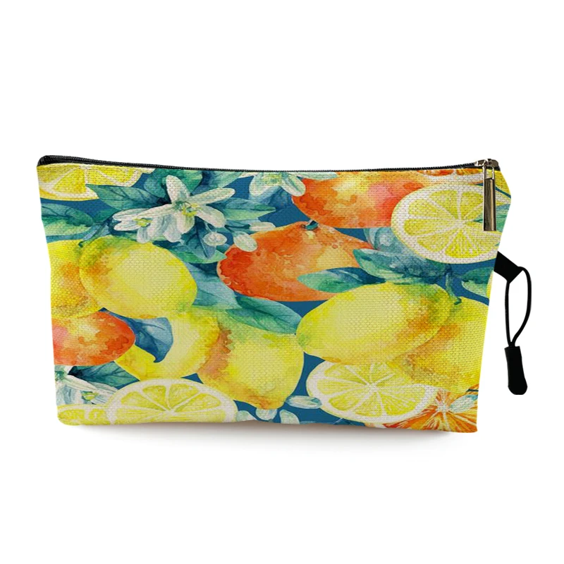 Watercolor Fruit Pattern Cosmetic Bag Lemon Strawberry Print Travel Cosmetic Organizer Makeup Pouch