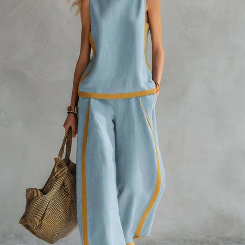

Summer New Women's Tracksuit Suit O-neck Sleeveless Vest Wide-leg Loose Pants Set Female Casual Elegant Ladies Two Piece Sets