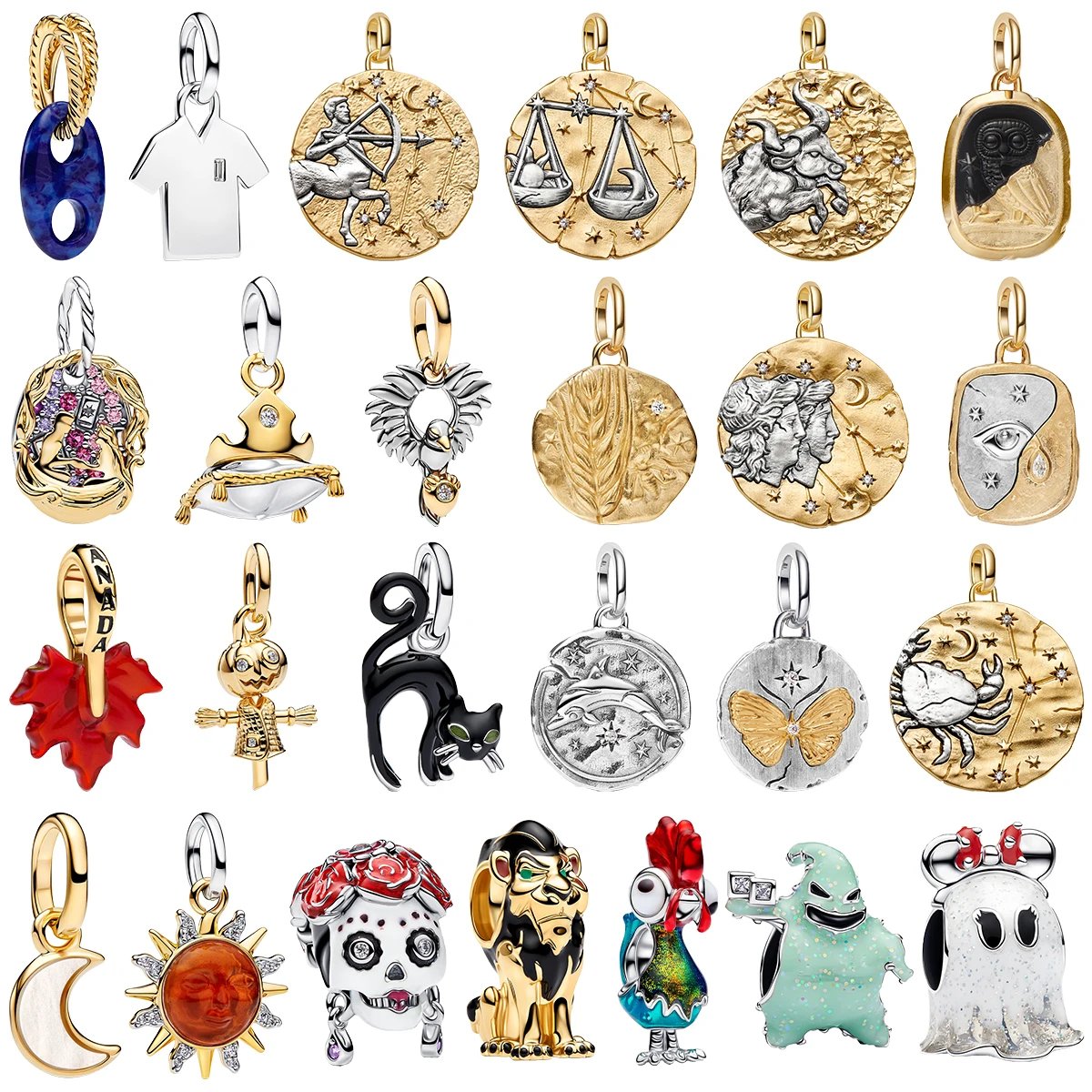 925 Sterling Silver Zodiac Sign Charms Strawberry Bear Ghost Black Cat Sun Owl Constellation Coin Beads Fit Bracelet DIY Jewelry