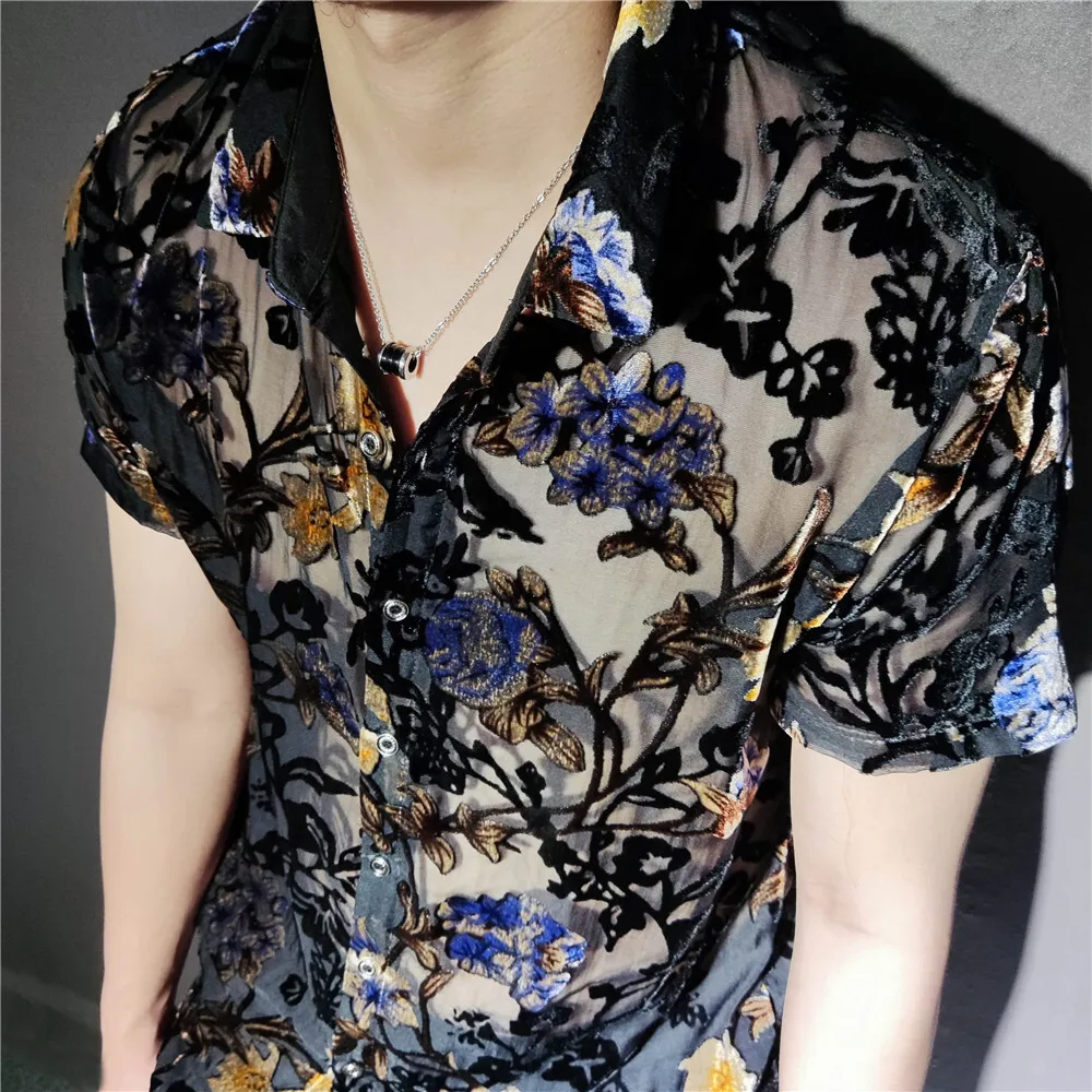 Colorful Flowers Pattern Velvet Shirt Men Transparent Short Sleeve Sexy Shirt 2022 Social Club Outfits Party Men Designer Shirt