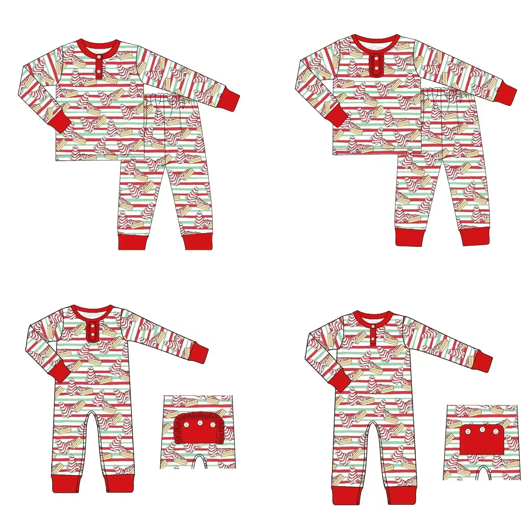 

Christmas boutique children set long-sleeved lace cartoon striped print trousers lace girls boys pajamas set baby zipper romper